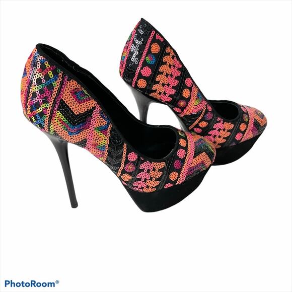Qupid NWOB Sequin Geometric Platform Stiletto Heel Pump Size 6 Pink Orange Black - Picture 5 of 6